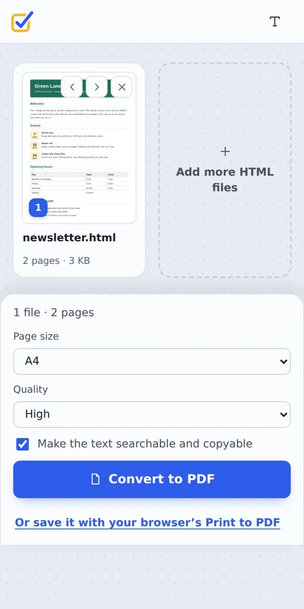 Convert HTML to PDF on a phone