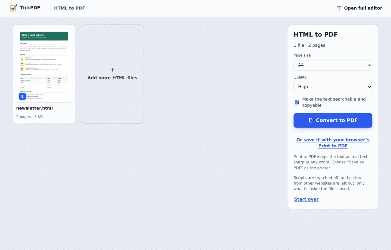 HTML to PDF converter online with a library newsletter ready to convert