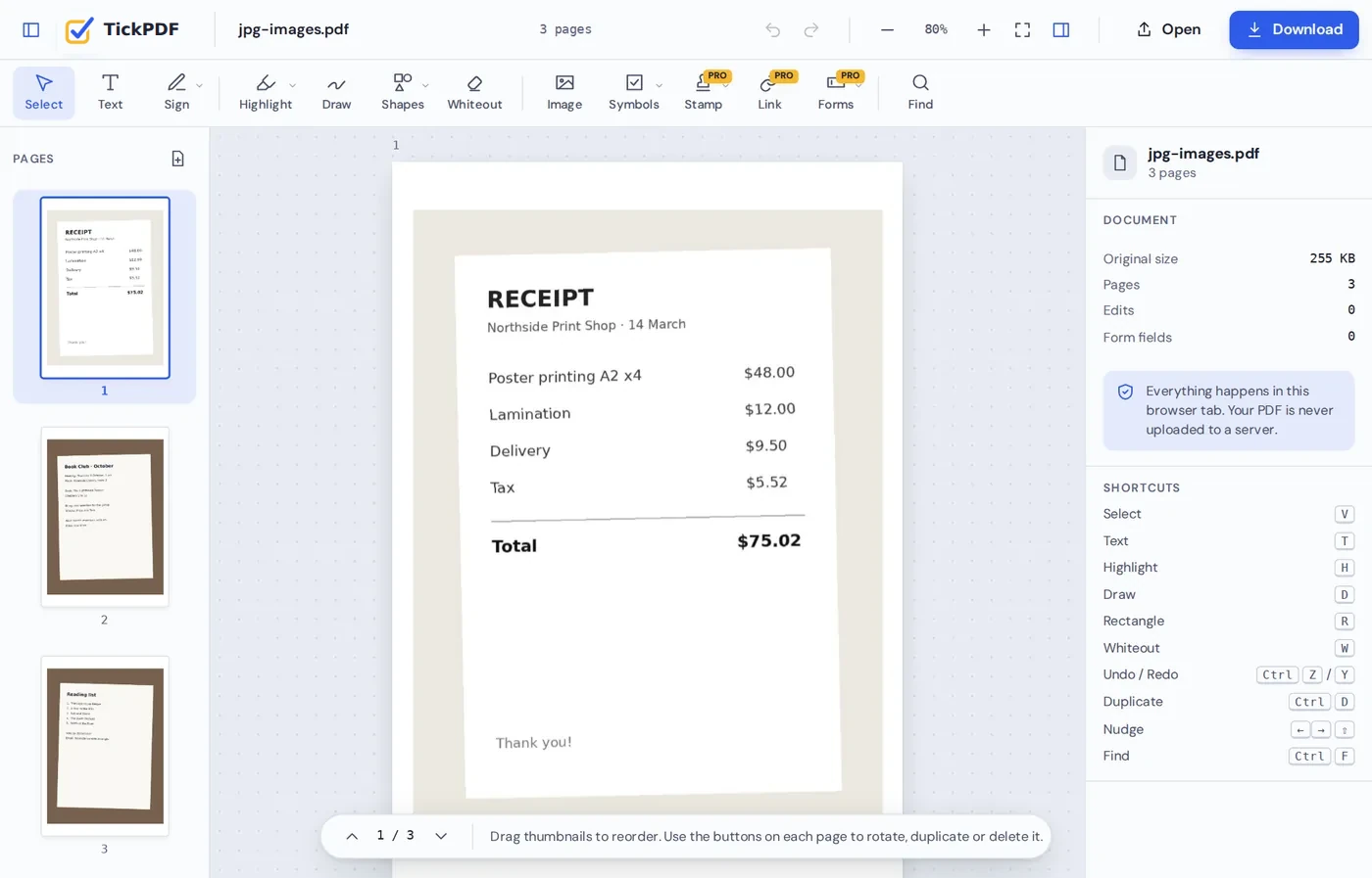 Photos converted with JPG to PDF, open in the TickPDF editor