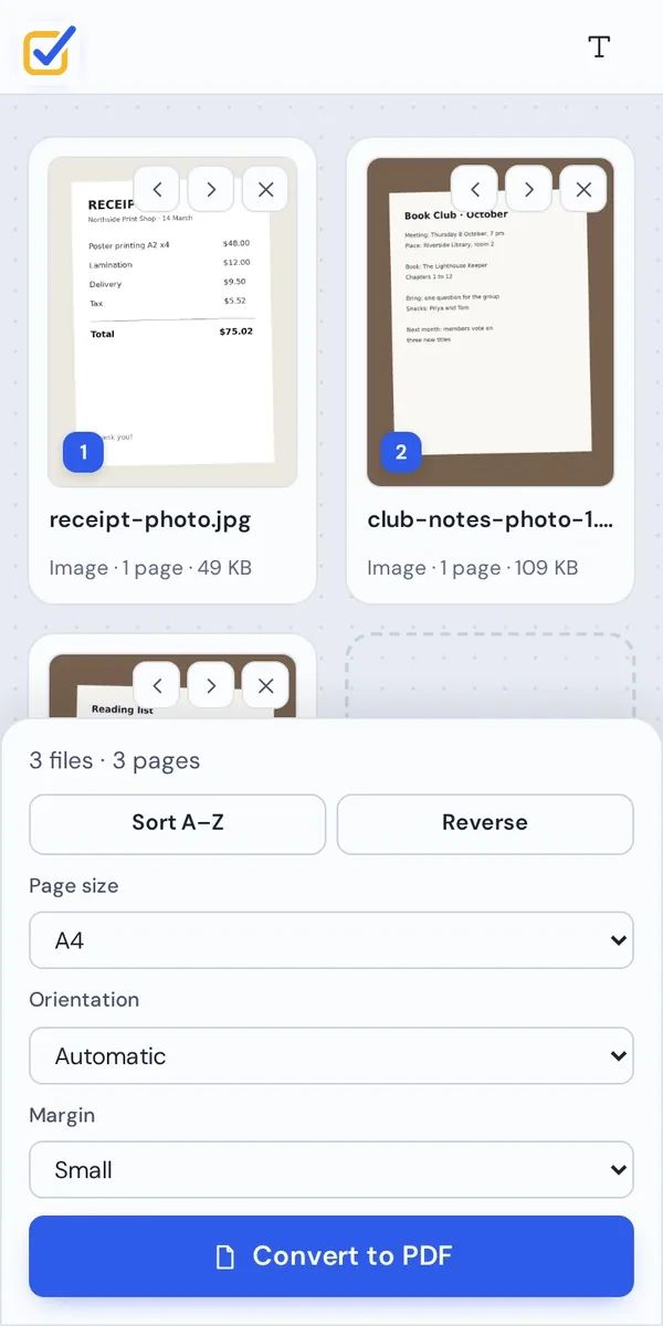 JPG to PDF on a phone with the Convert to PDF button at the bottom
