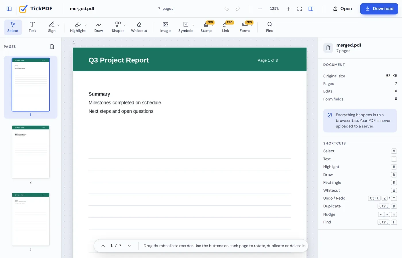 The merged file open in the TickPDF editor after you merge PDF pages