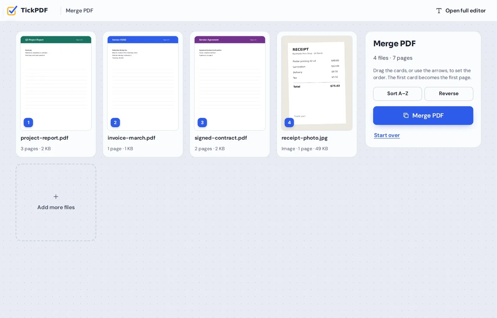 Merge PDF online: three PDFs and a receipt photo lined up in the TickPDF merge tool