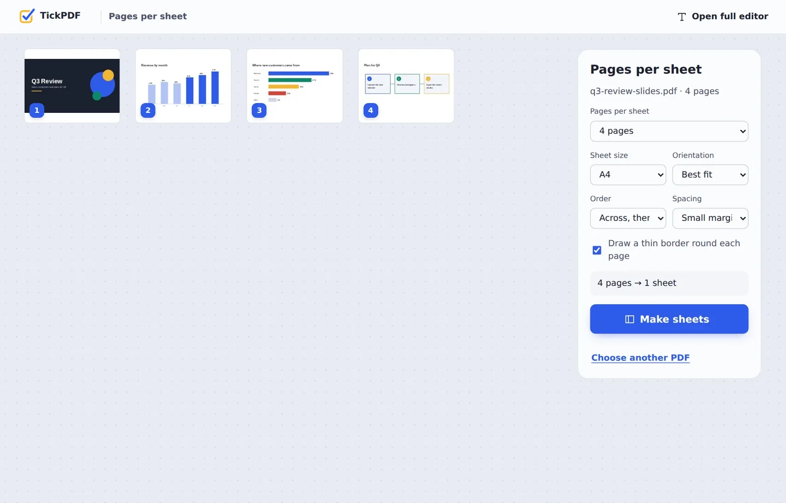 Multiple pages per sheet PDF online: four slides on one sheet