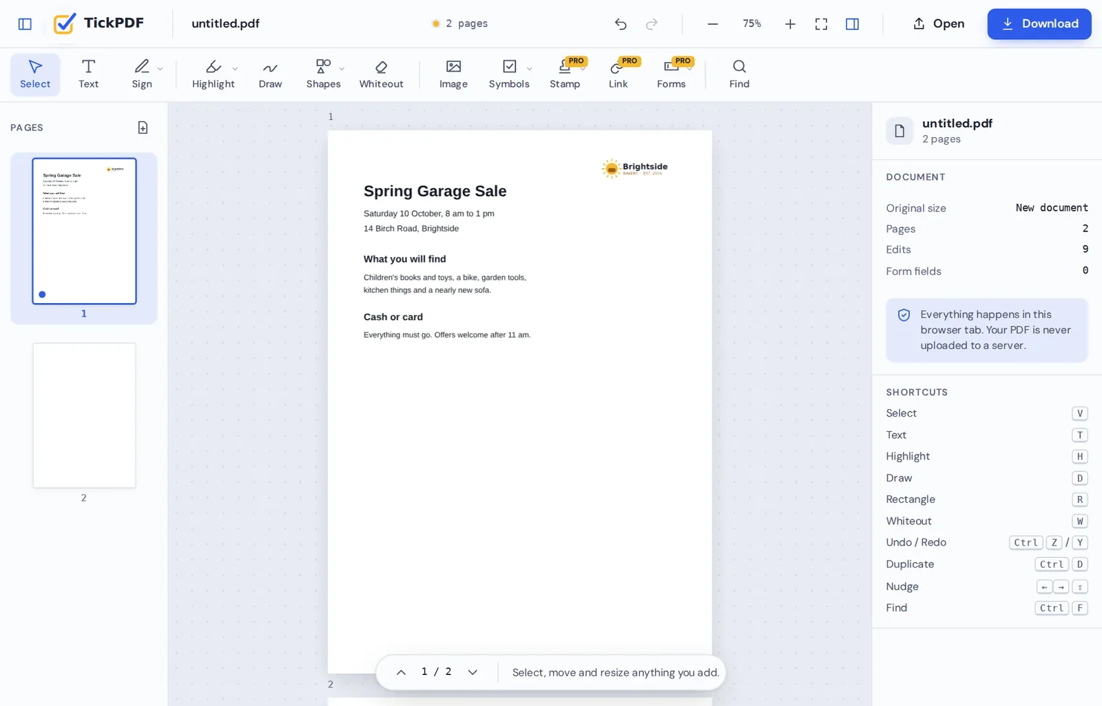 PDF maker online: a new flyer with a logo and text in TickPDF