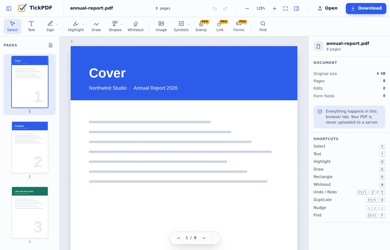 PDF reader online showing an annual report with page thumbnails