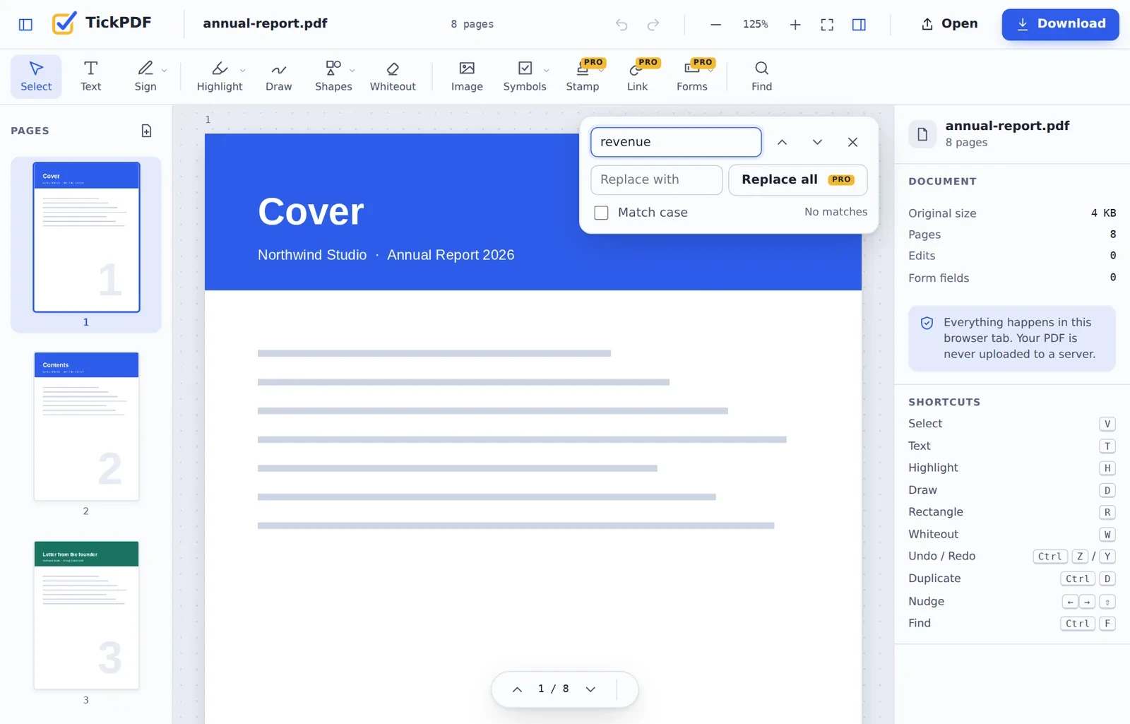 Searching for a word in the PDF reader online