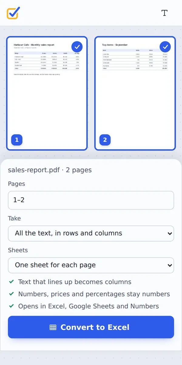 Convert PDF to Excel on a phone