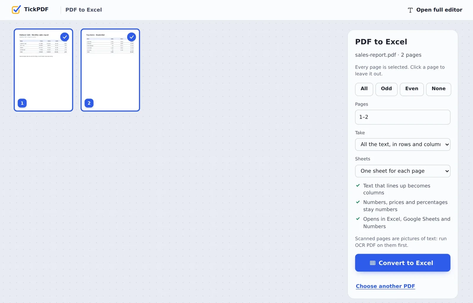 PDF to Excel converter online with a sales report open