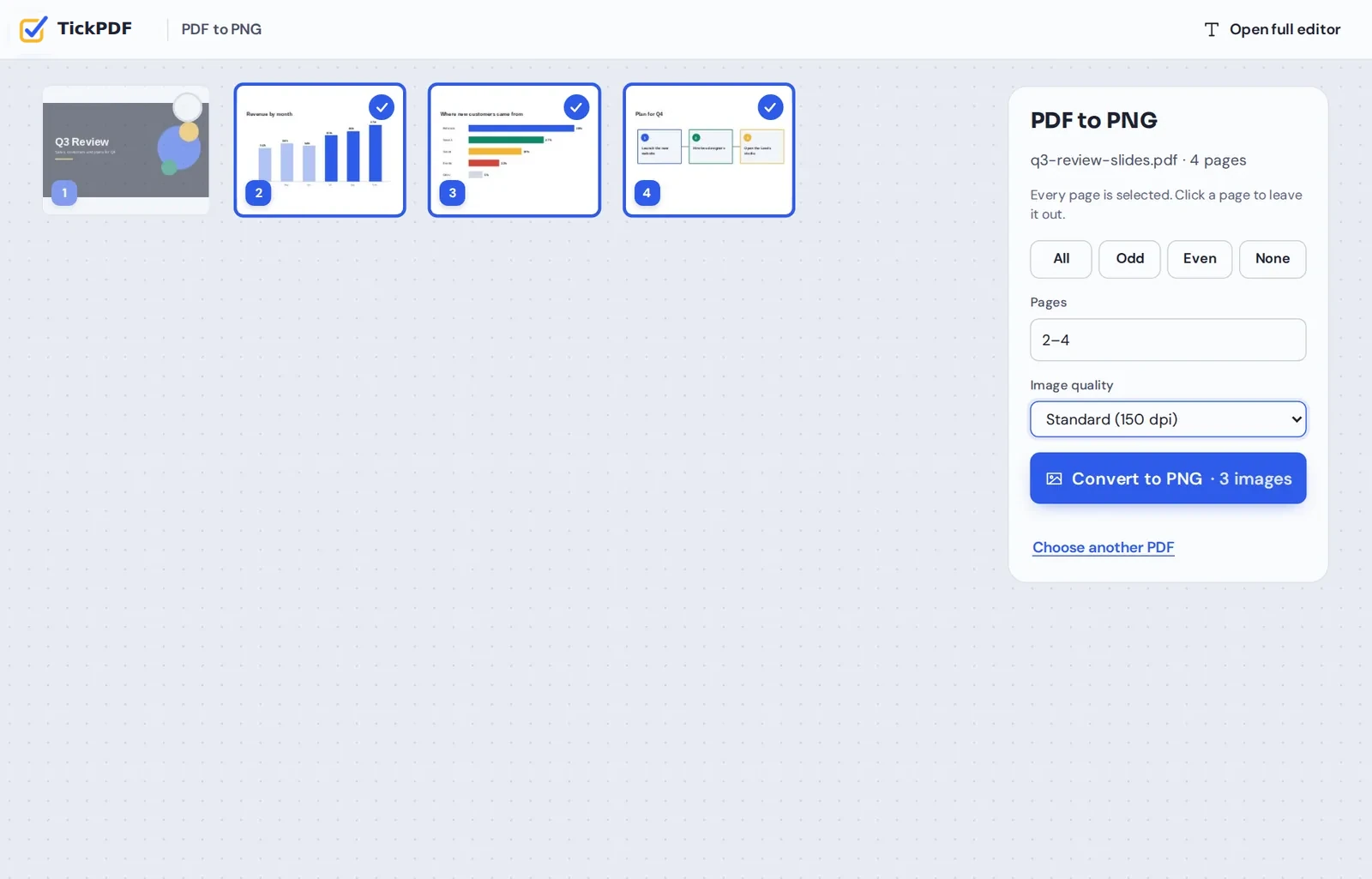 PDF to PNG online: slides with charts ready to convert in TickPDF