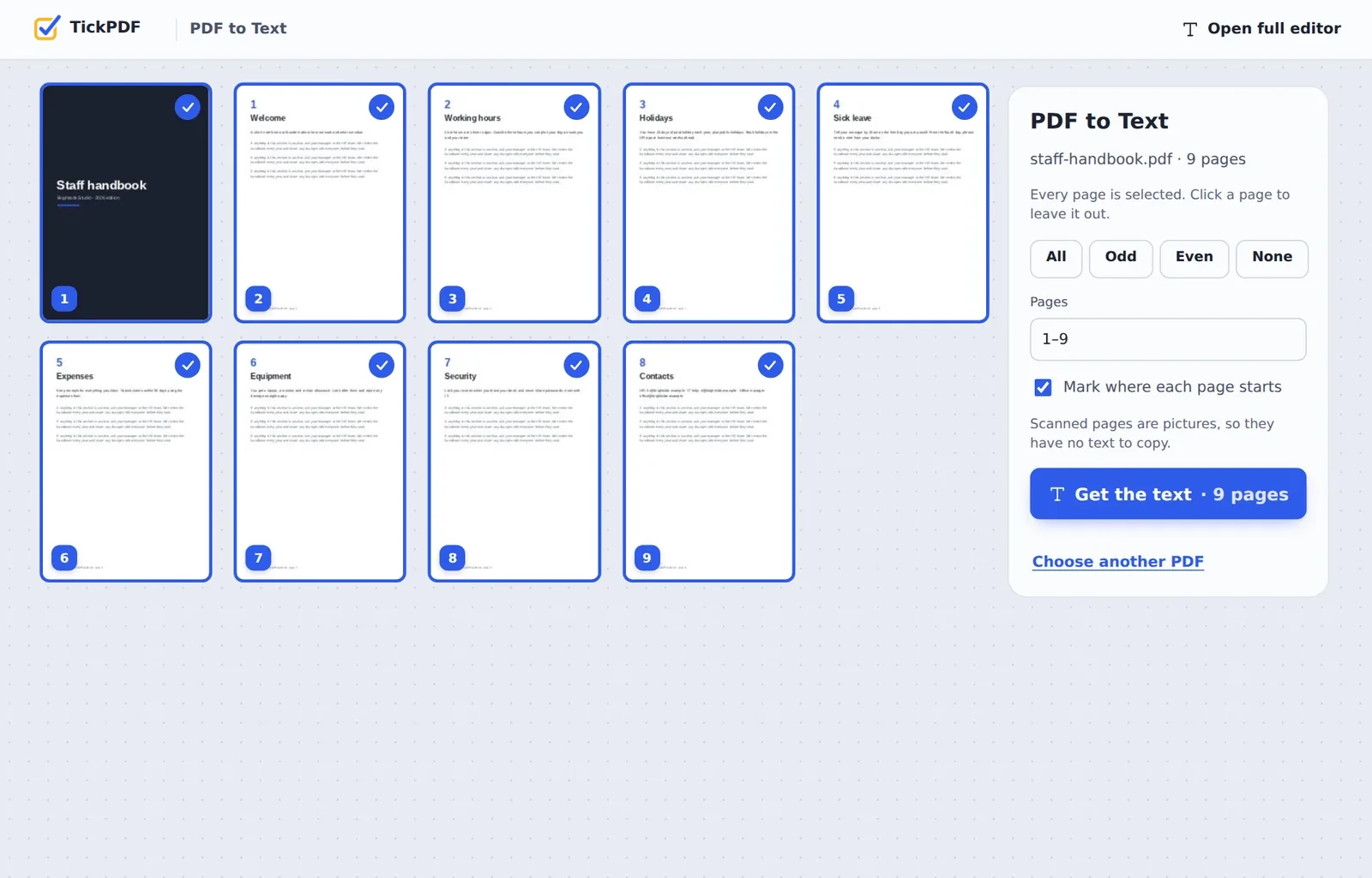PDF to text online: a staff handbook with every page selected