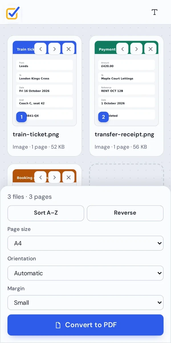 PNG to PDF on a phone, converting screenshots into one file