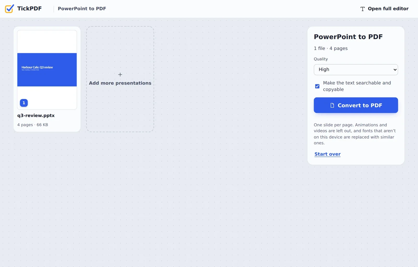 PPT to PDF converter online with a four-slide presentation ready to convert