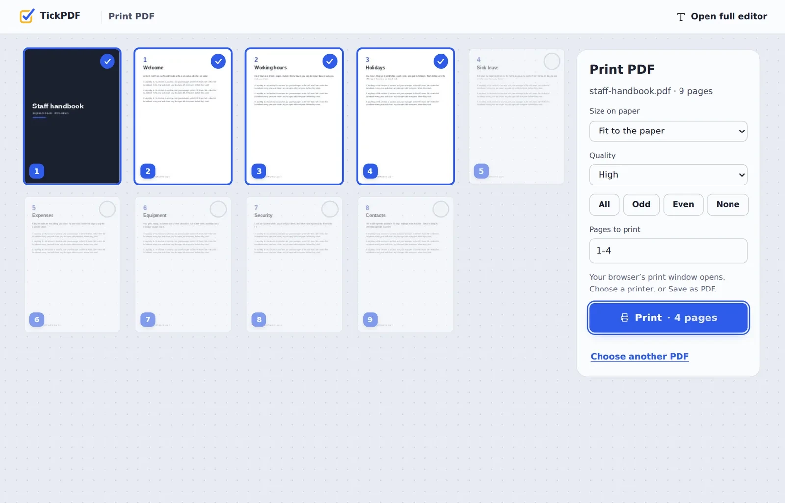 Print PDF online: a staff handbook with four pages selected