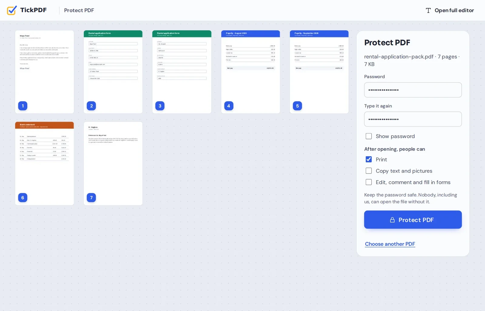 Password protect PDF online: a rental application ready to lock