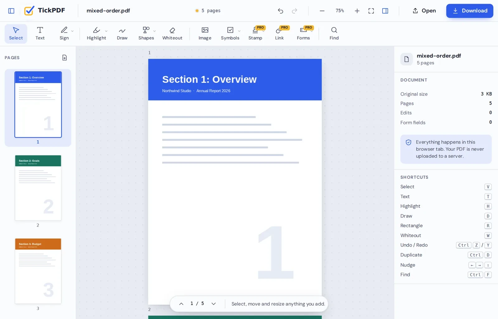 Rearrange PDF pages online: a report in the right order in the TickPDF editor