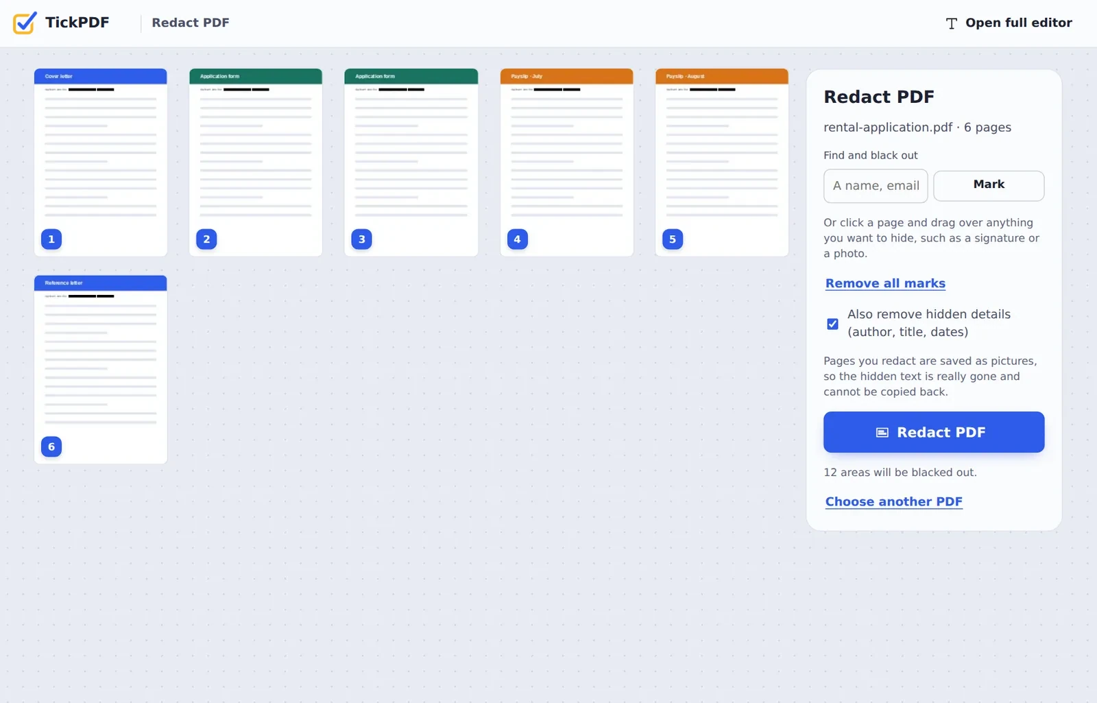 Redact PDF online: an email and phone number marked on every page