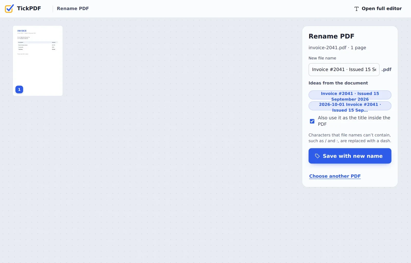 Rename PDF online: an invoice given a name from its own heading