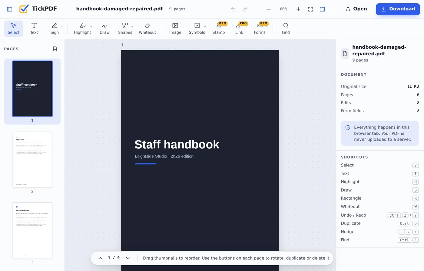 The handbook opening normally after you repair PDF files, in the TickPDF editor