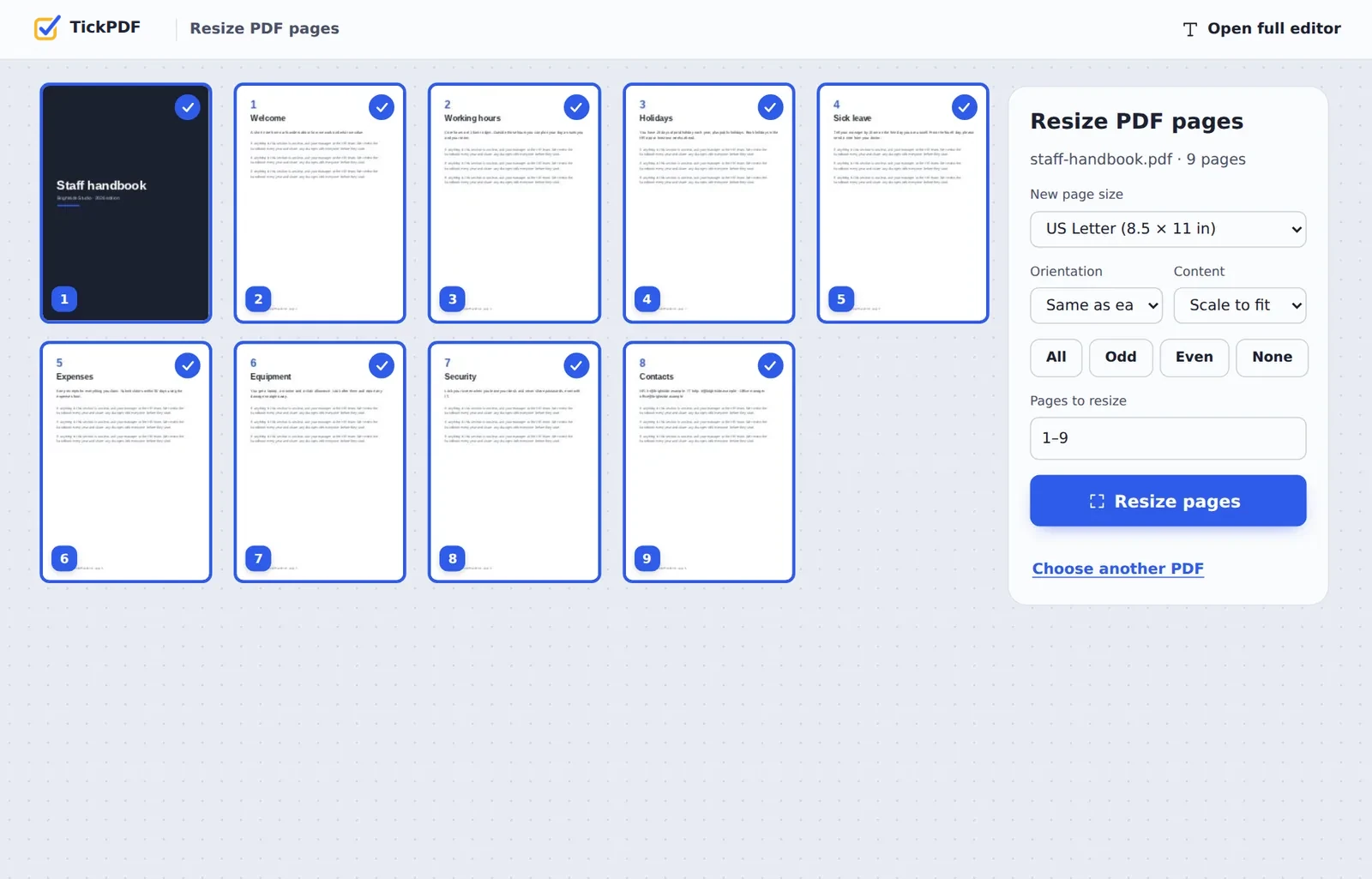 Resize PDF pages online: a staff handbook changed from A4 to US Letter