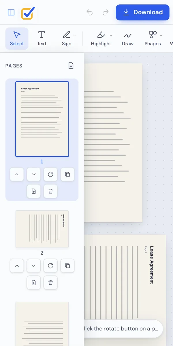 Rotate PDF pages on a phone with the page buttons under each thumbnail