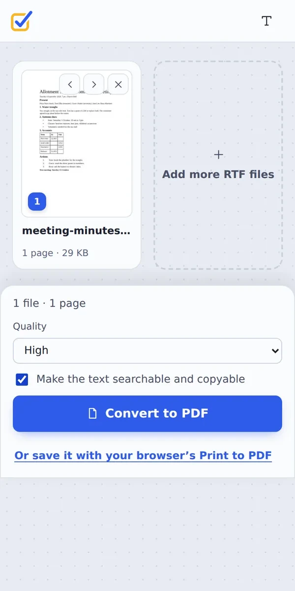 Convert RTF to PDF on a phone