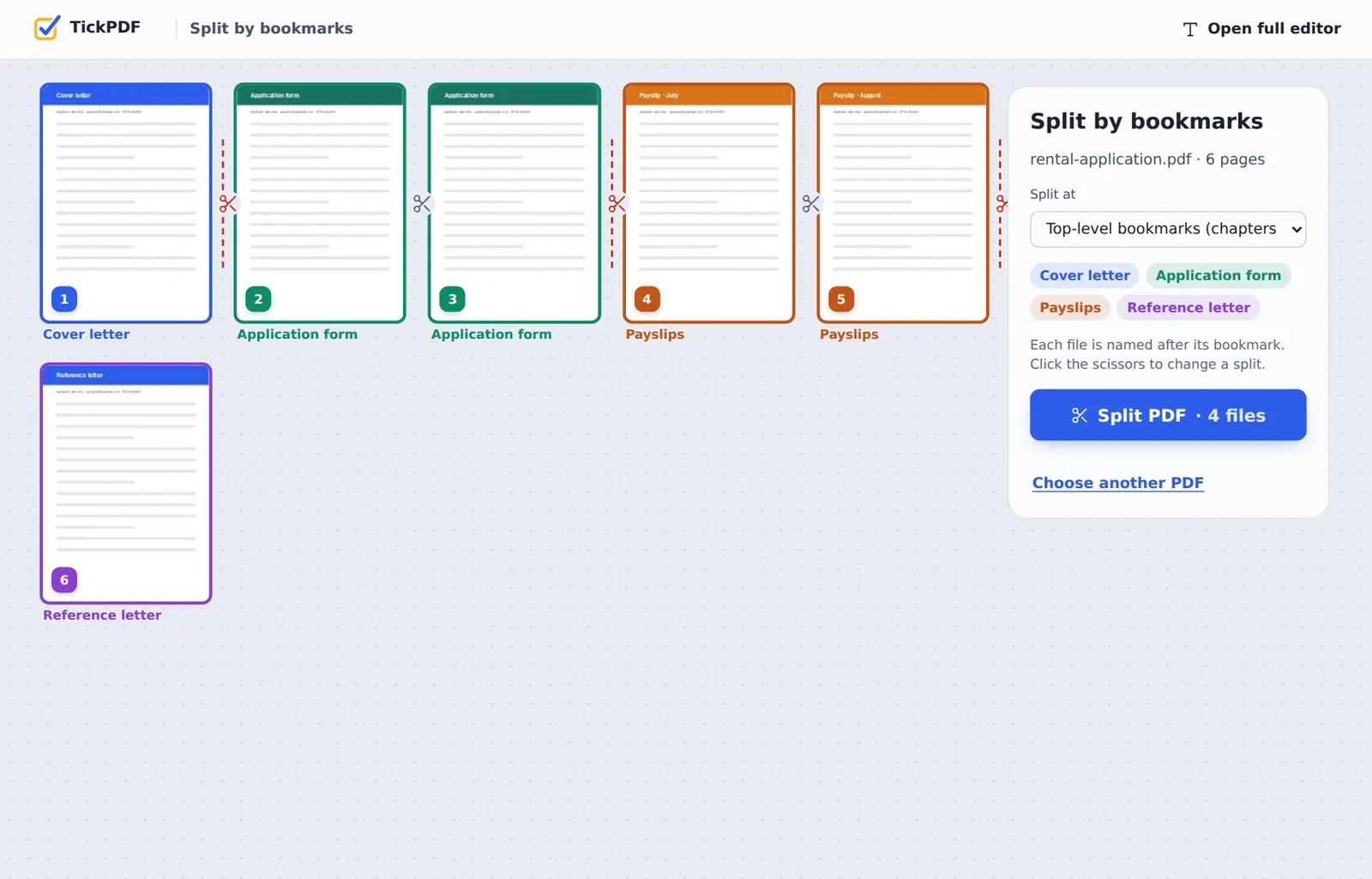 Split PDF by bookmarks online: a rental application split into chapters