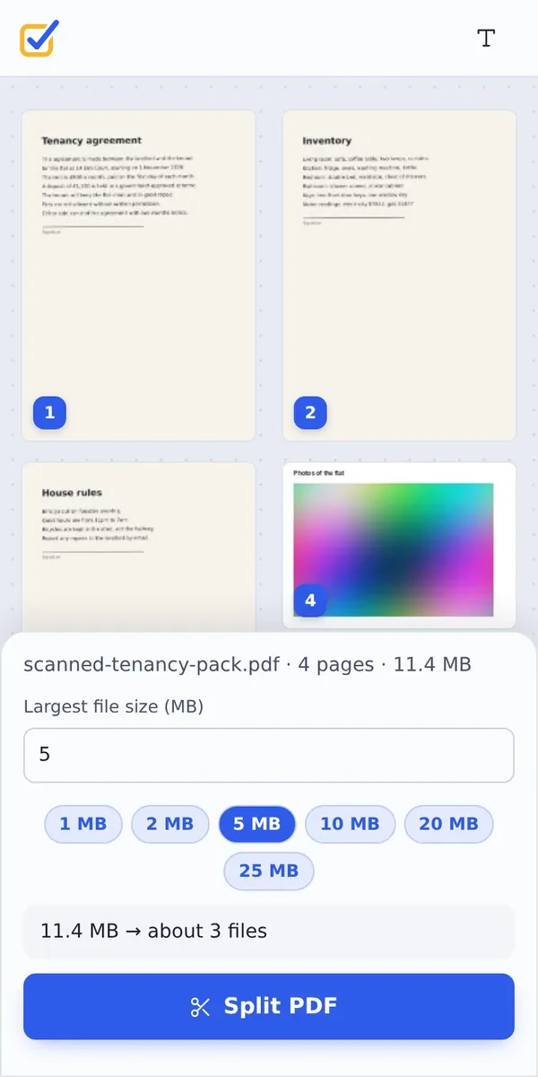 Split PDF by size on a phone