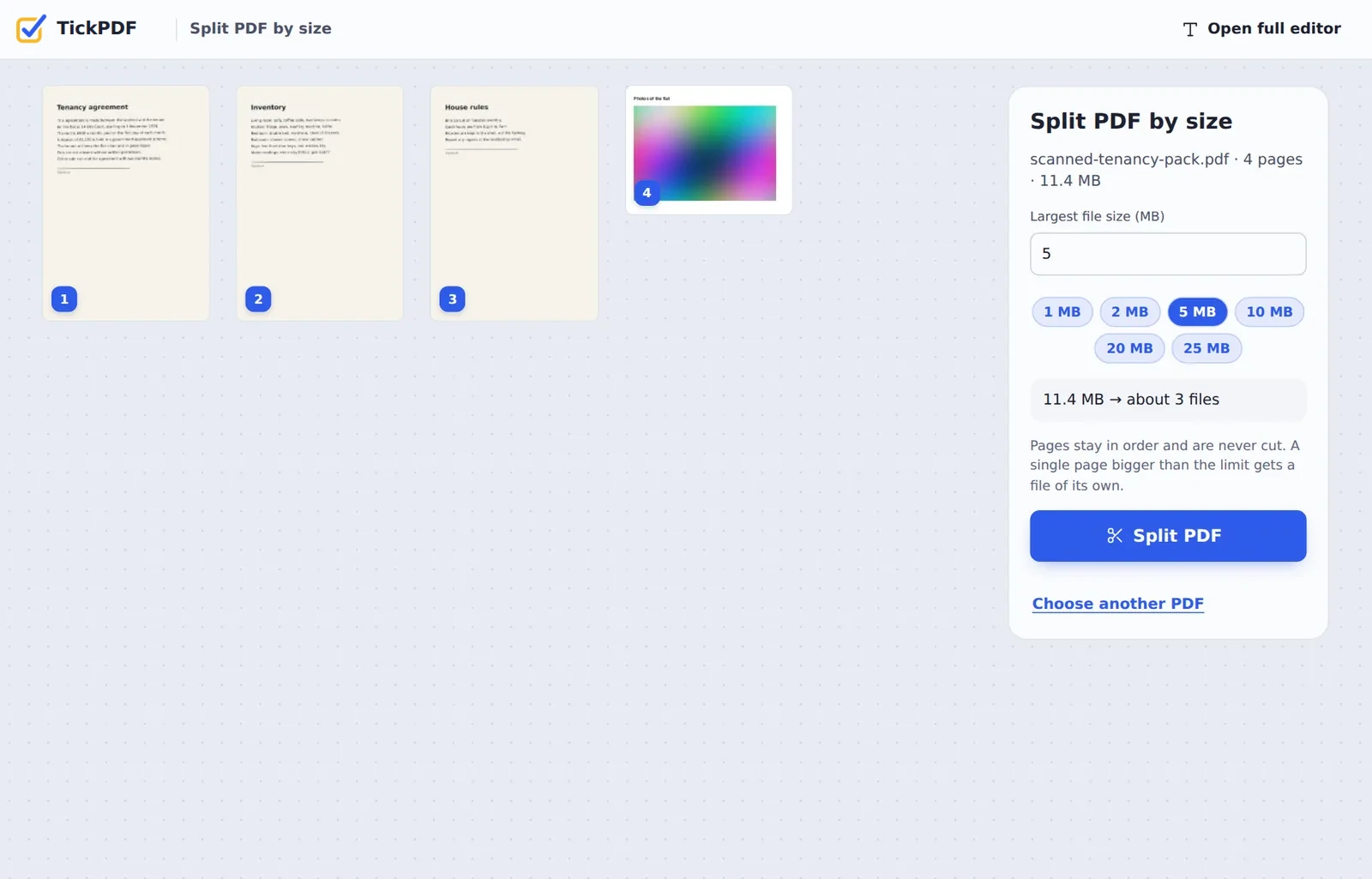 Split PDF by size online: an 11.4 MB scanned tenancy pack