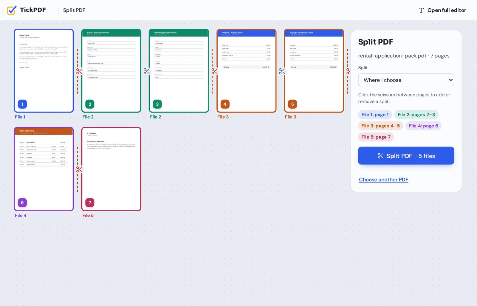 Split PDF online: a rental application pack cut into five separate PDFs