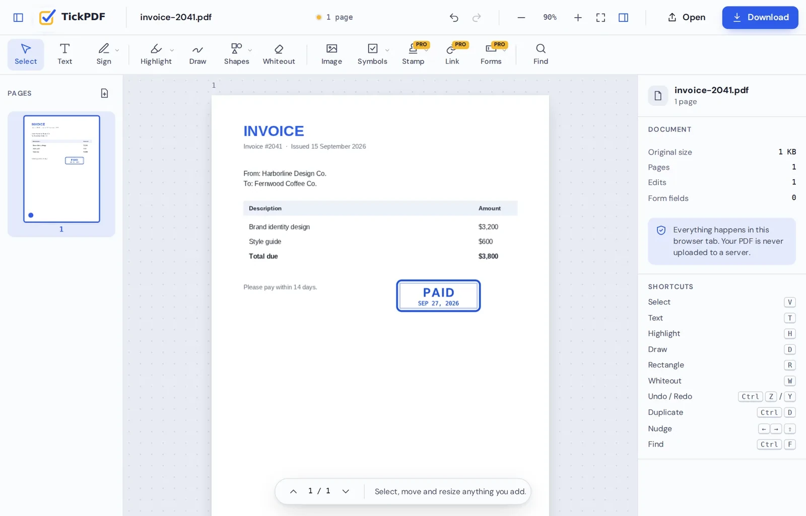 An invoice with a Paid stamp in the PDF editor with no watermark