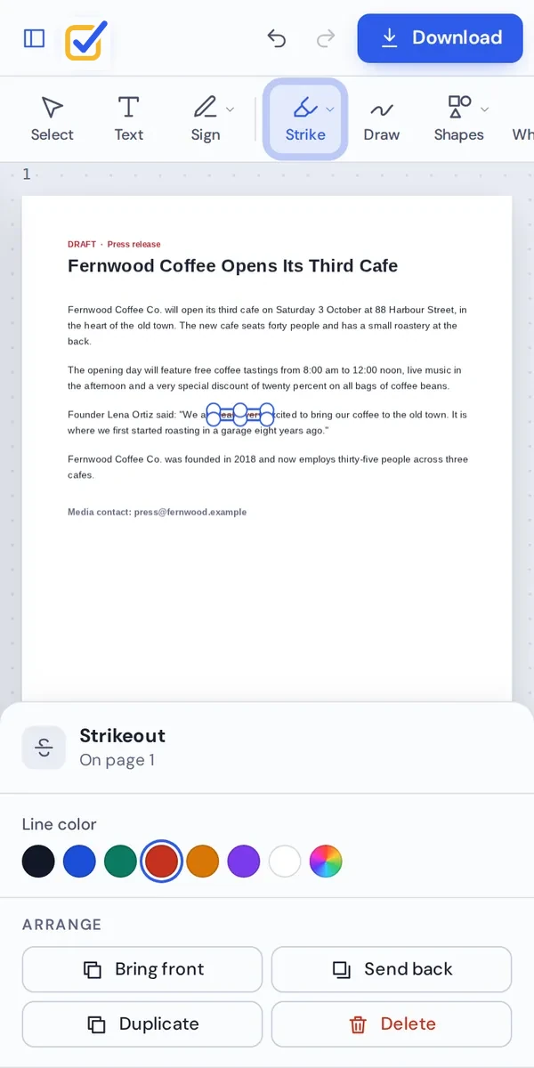 Strikethrough PDF text on a phone by dragging across the words