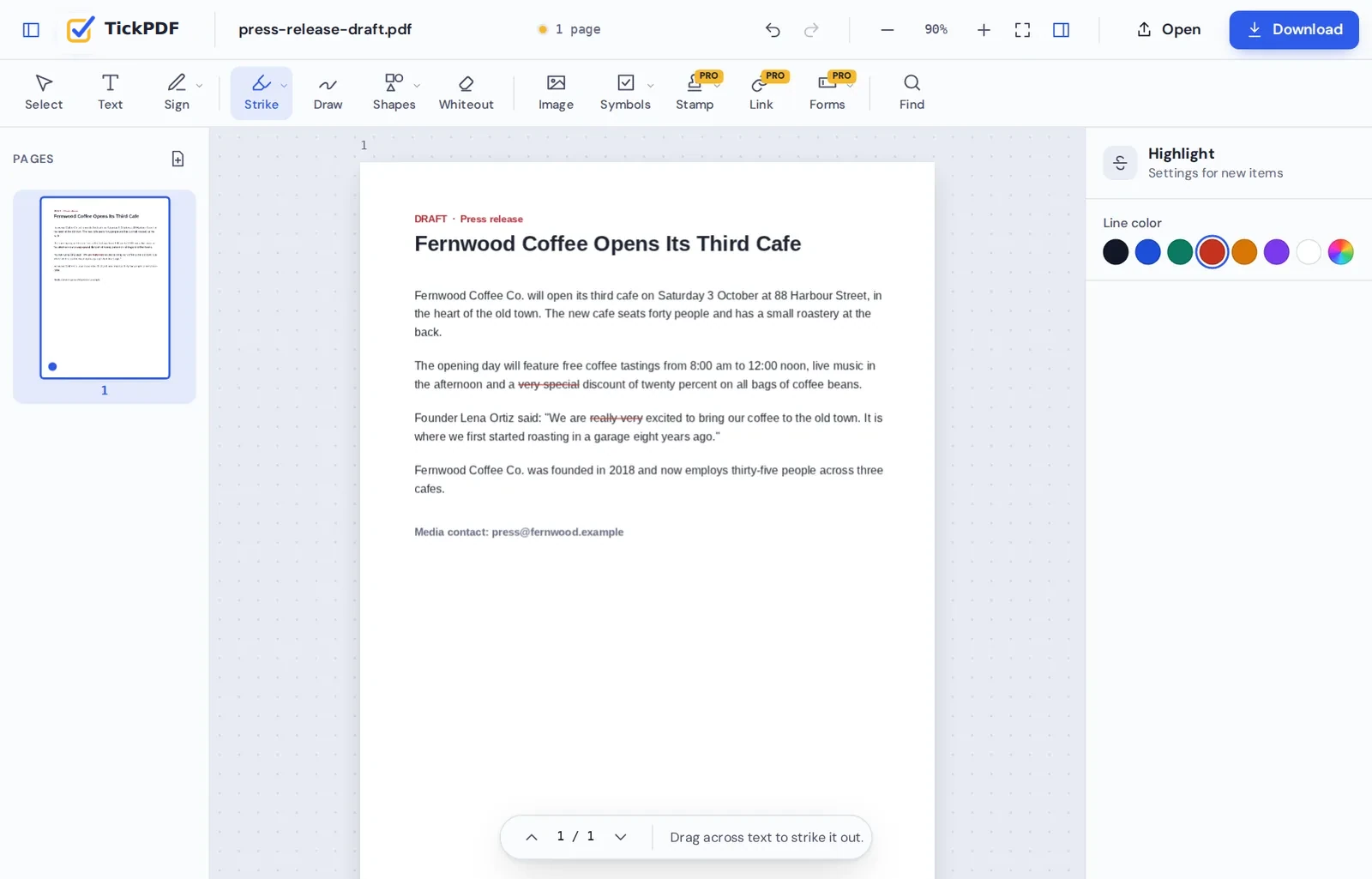 Strikethrough PDF online: a press release draft with crossed-out words in the TickPDF editor