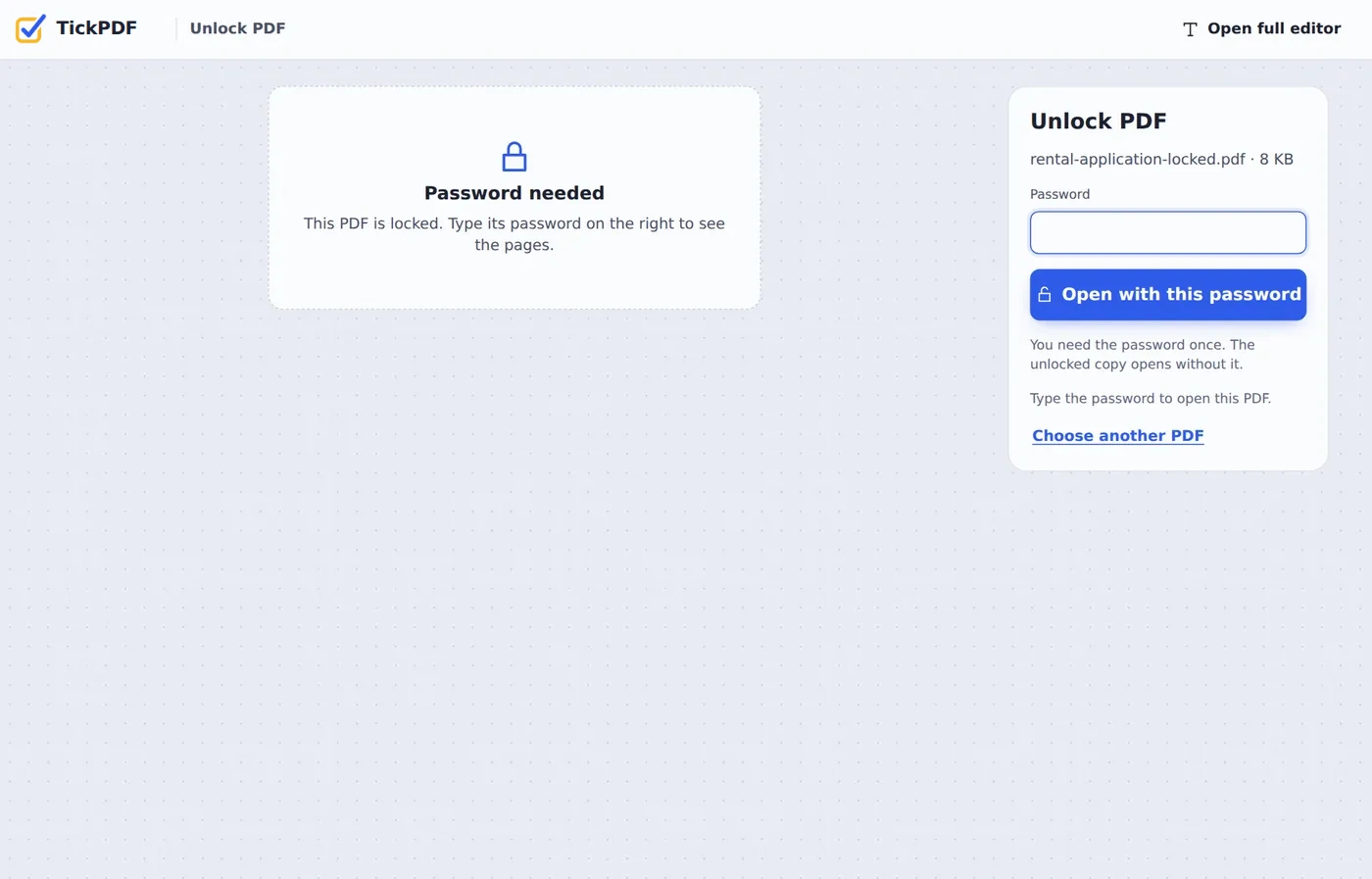 Password box shown when you unlock PDF files that need a password to open