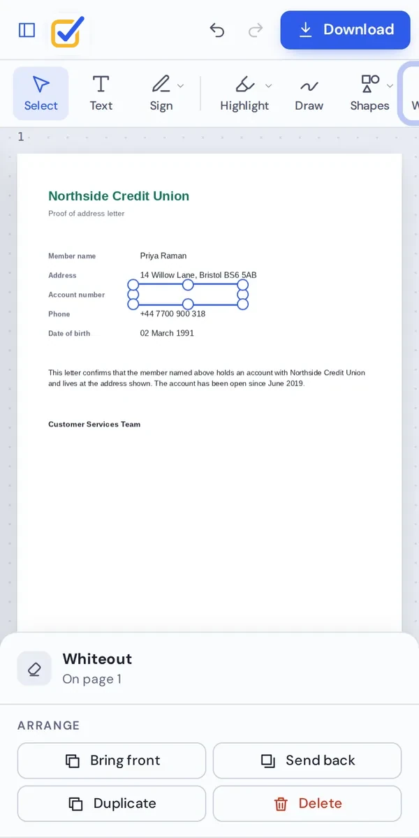 Whiteout PDF on a phone by dragging a box over a line