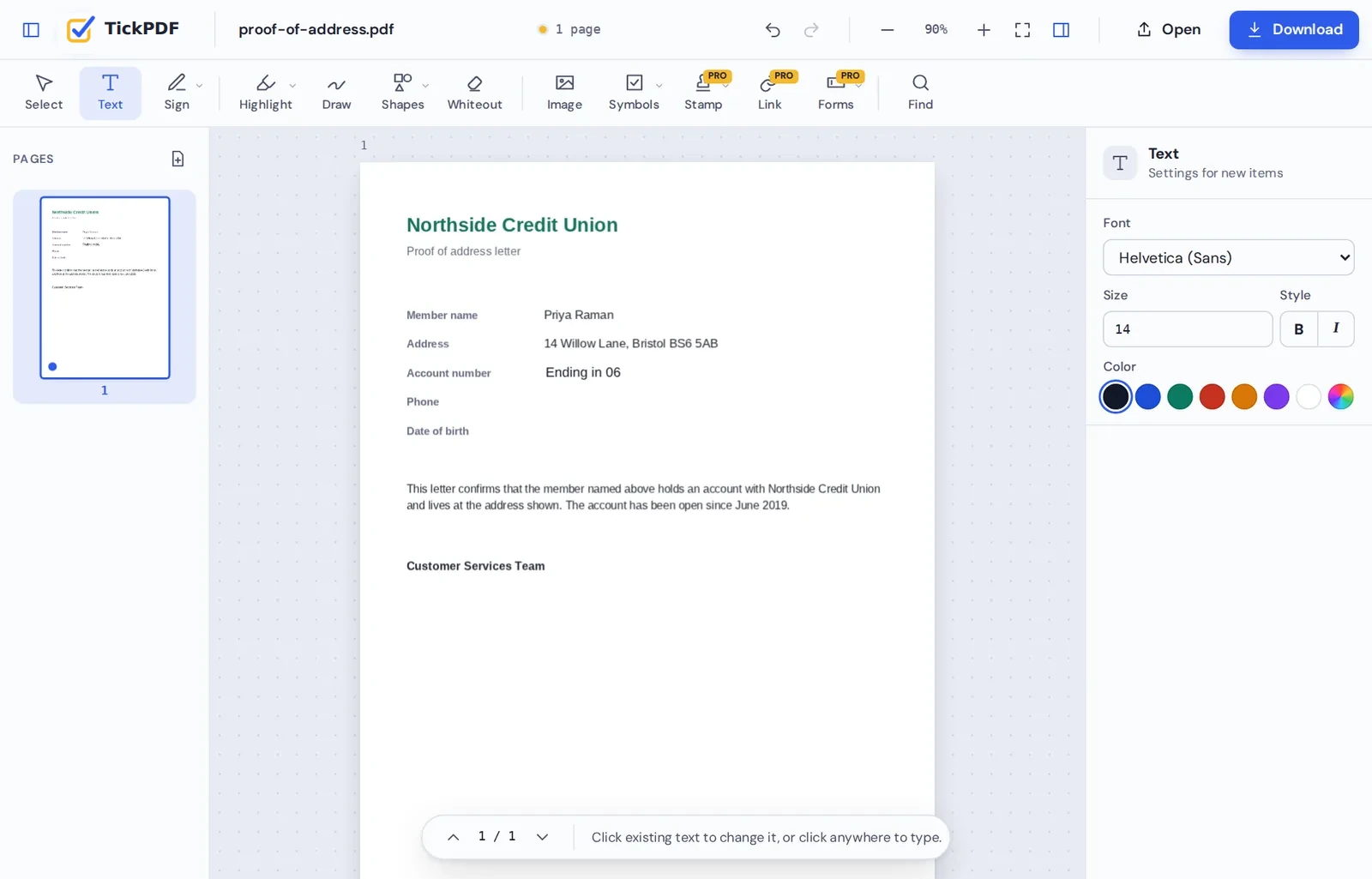 Whiteout PDF online: a letter with details covered in the TickPDF editor