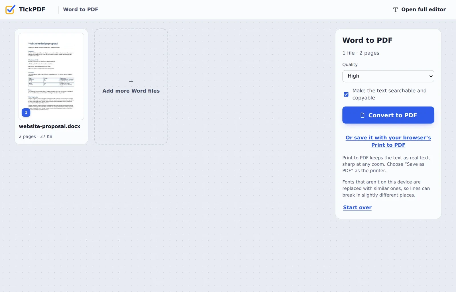 Word to PDF converter online with a website proposal open