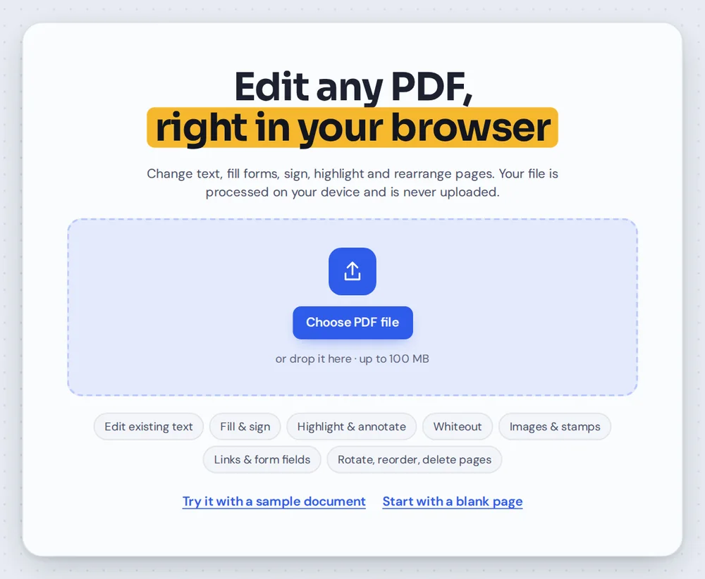 Open a file in the PDF editor by choosing it or dropping it on the page
