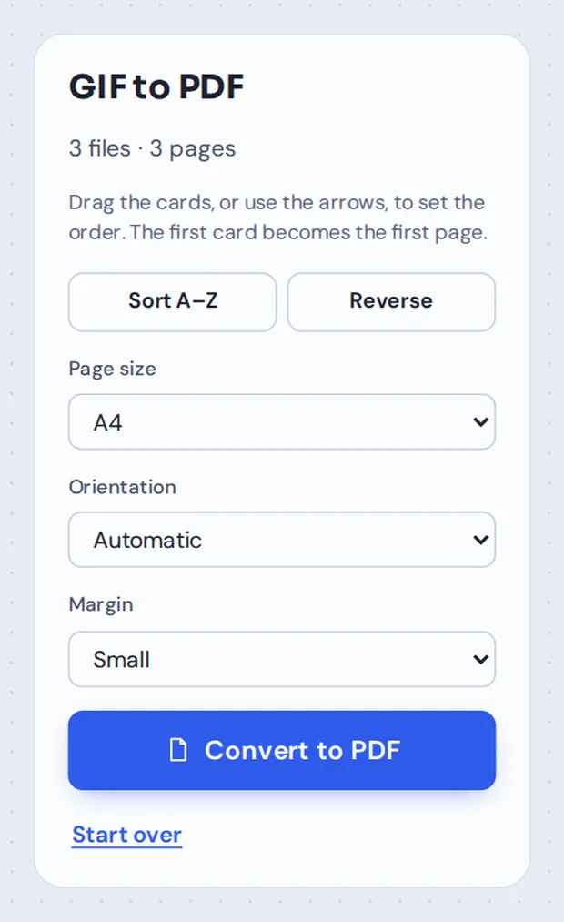 Page size, orientation and margin options for GIF to PDF