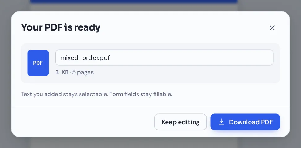 Download the reordered file after you rearrange PDF pages