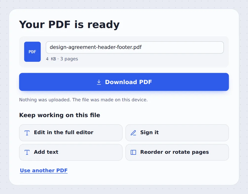 The file ready to download after you add header and footer to PDF pages