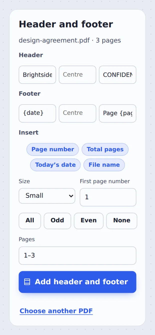 Left, centre and right boxes and insert buttons to add header and footer to PDF