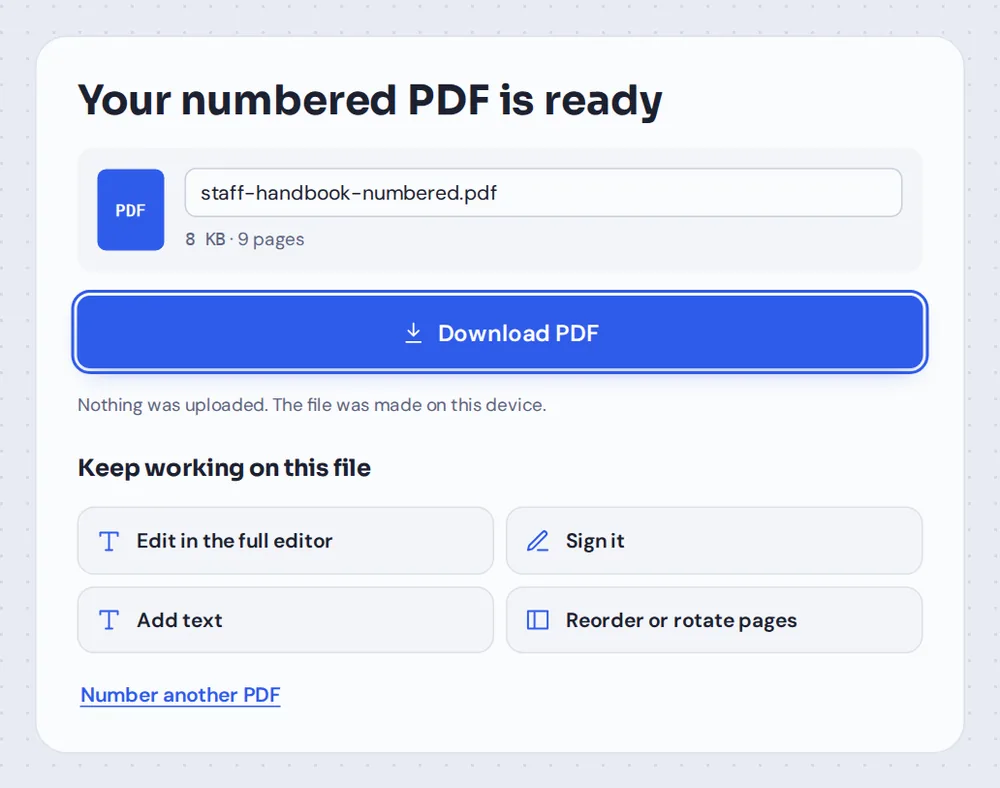 The file ready to download after you add page numbers to PDF pages