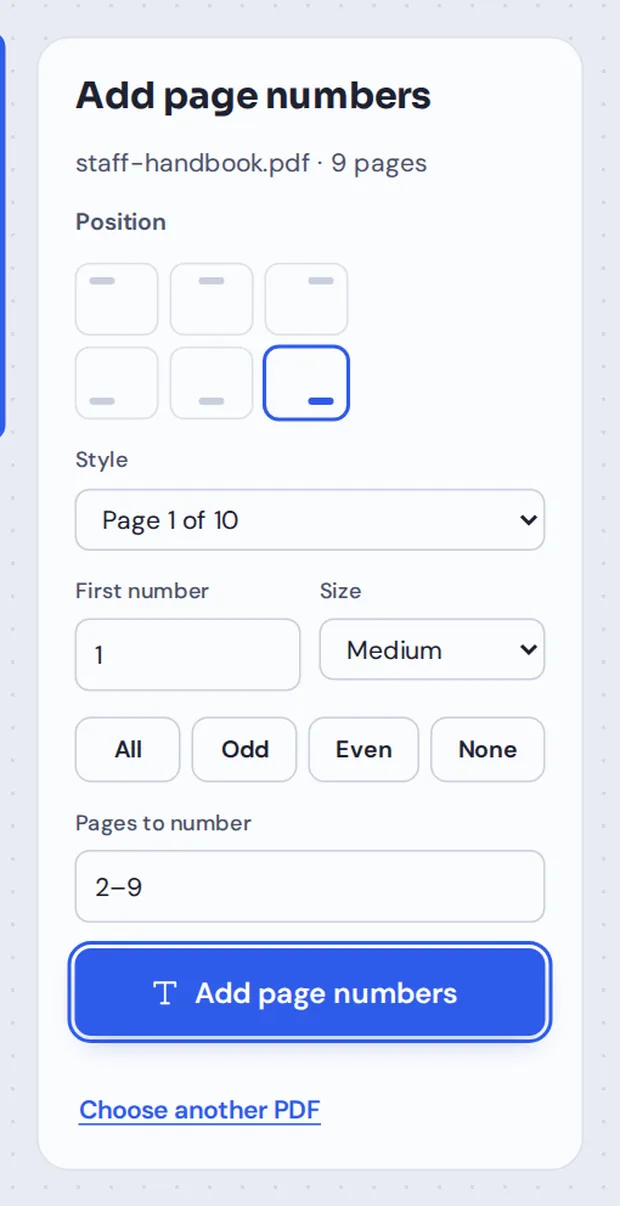 Position, style and first number options to add page numbers to PDF files
