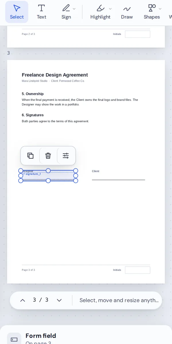 Add signature field to PDF pages on a phone