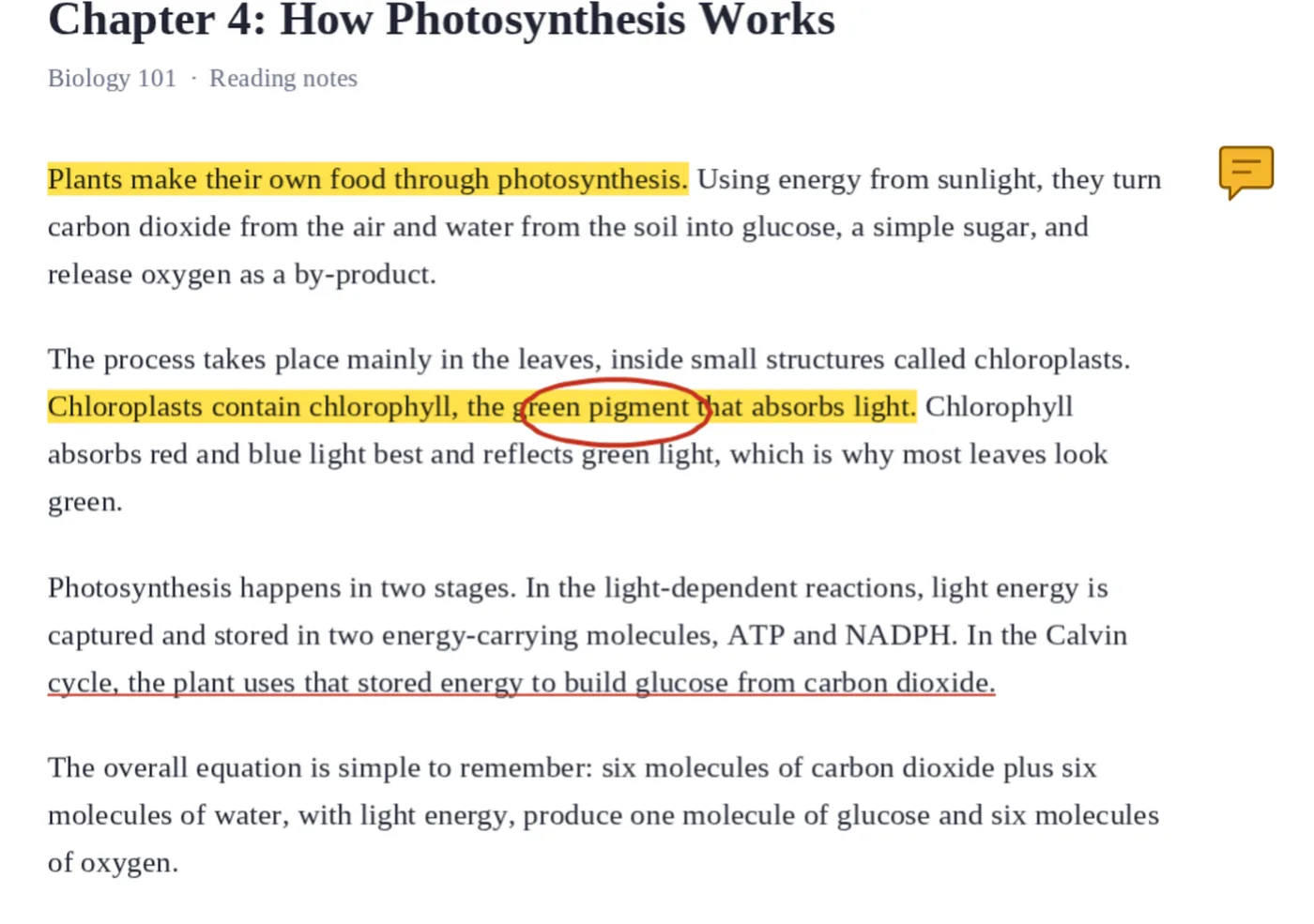 Highlights, an underline, a circle and a note made with the annotate PDF tool