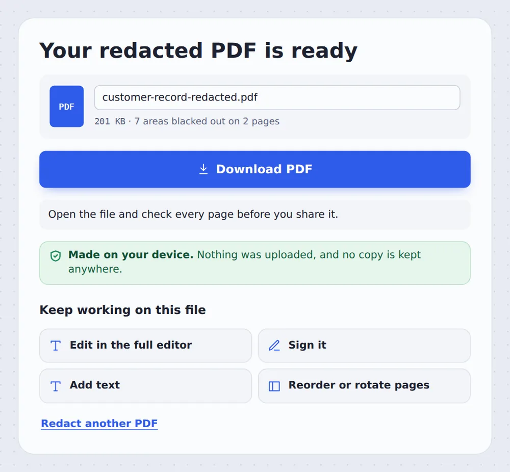 A redacted file ready to download after automatic PDF redaction