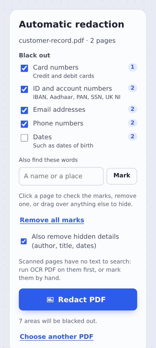 Card, ID, email, phone and date checkboxes for automatic PDF redaction