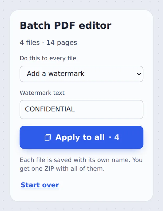 Choose one job for every file in the batch PDF editor