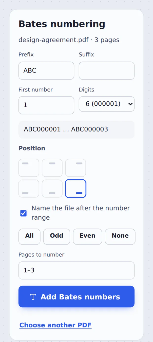 Prefix, first number, digits and position for Bates numbering PDF pages