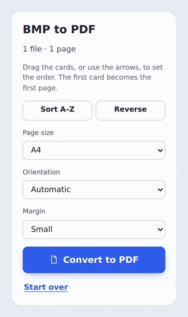 Page size and margin options to convert BMP to PDF